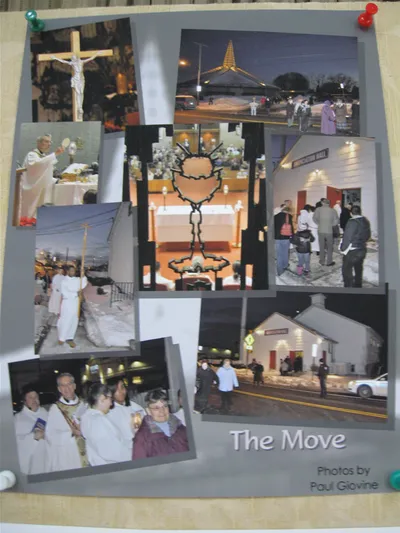 Poster of the final Mass at former church, and the move to the new church. Jan. 24, 2009.