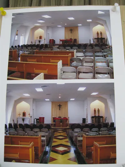Poster containting two images of the restored, original Annunciation church. Early 2009.