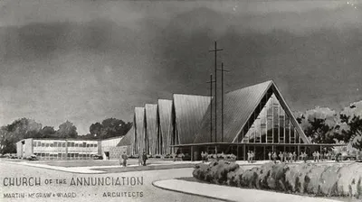 Artist rendering of proposed Annunciation church. This design was never used in the construction of a newer church building. Source: Martin, McGraw, Wiard Architects.