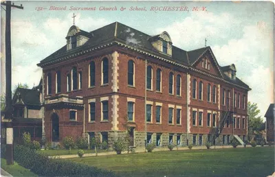 Postcard depicting original church/school. Source: Rochester Public Library local history division