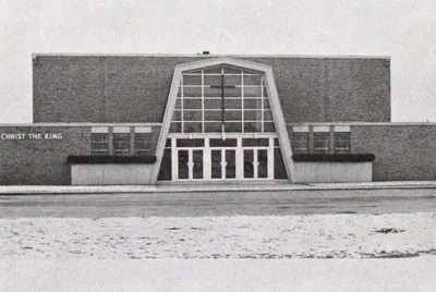 Exterior of church, 1982. Contrast with modern exterior.