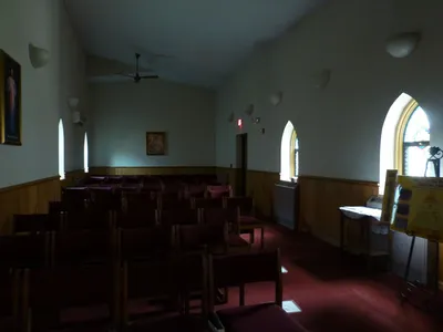 Additional seating to the right of the sanctuary.
