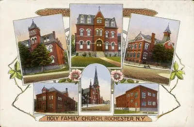 Postcard with illustrations of the various early buildings at the Holy Family campus.