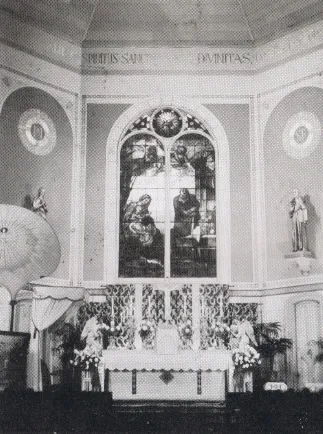 Interior of church after 1948 renovation, but before later renovation. Source: Holy Family Centennial, 1864-1964