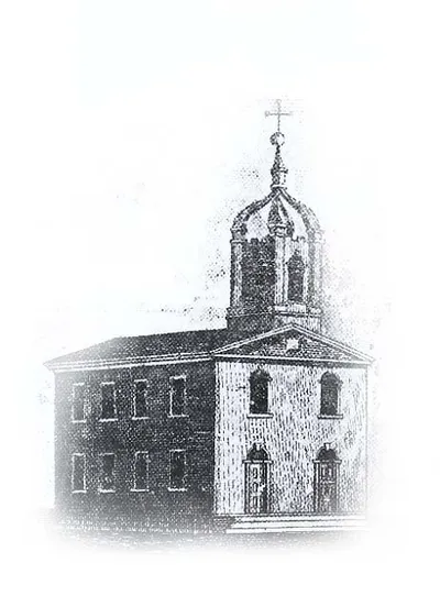 Illustration of original Holy Family church, 1835.