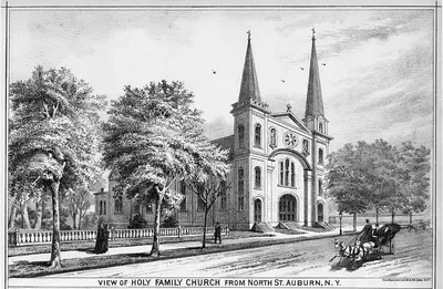 Illustration of present Holy Family church. Note some differences compared to the modern-day appearance, such as stained glass window placement.