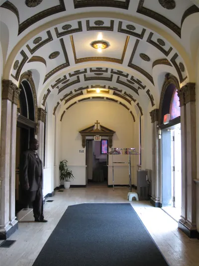 Narthex, freshly painted. Stained glass windows have all been replaced.