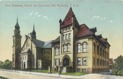 Postcard illustration of Holy Redeemer church and Concordia Hall. Source: Rochester Public Library.