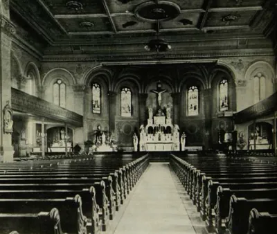 Interior of present church building, possibly taken in late 1800s. Source: Souvenir Book of the Golden Jubilee of the Most Holy Redeemer Church, 1867-1917