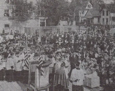 Laying of cornerstone for present church, 1916. Source: Holy Rosary Parish: 1889-1989