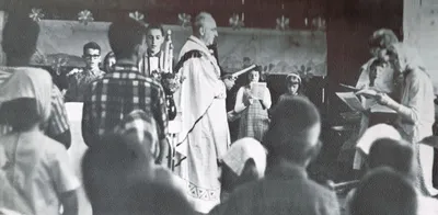Mass inside the temporary barn church, 1965/6. Source: Holy Spirit Church (1969 parish history book)