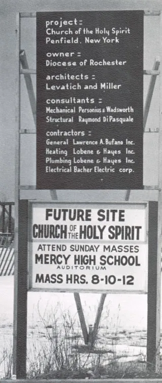 Sign indicating future home of Holy Spirit church. Source: Holy Spirit Church (1969 parish history book)