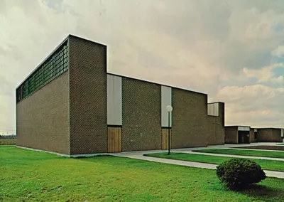 Finished church building seen from the parking lot. Source: Holy Spirit Church (1969 parish history book)