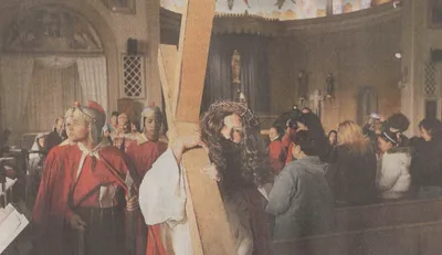 Living stations of the cross. Provides a decent view of the front of the church. Source: Catholic Courier
