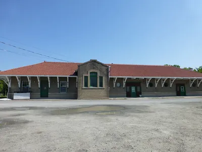 Exterior of railroad station chapel.
