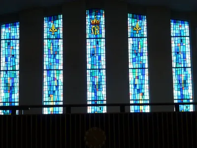 Stained glass in choir loft.