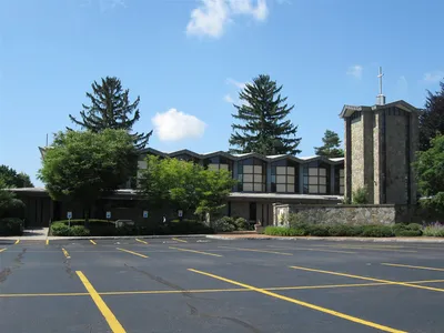 Church seen from parking lot.