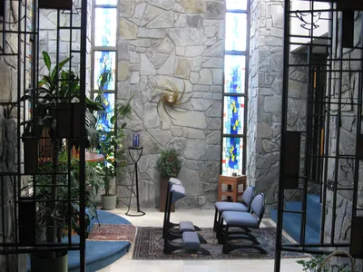 Spiral sculpture was located where icon of Our Lady is now.