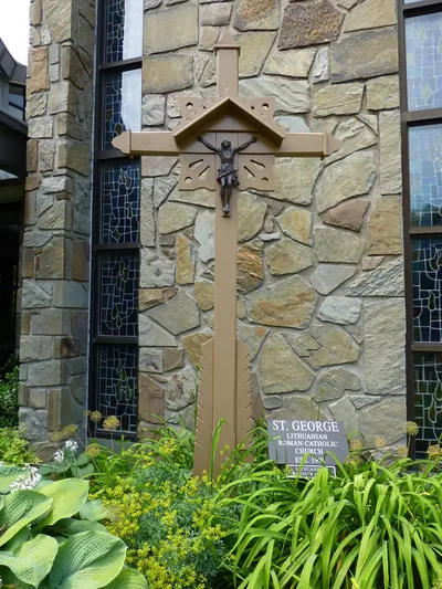 Crucifix and plaque from the former St. George church (see here and here on old photos of St. George church).
