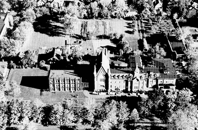 Aerial view of chapel and school, 1961. Source: Rochester History - The Academy of the Sacred Heart