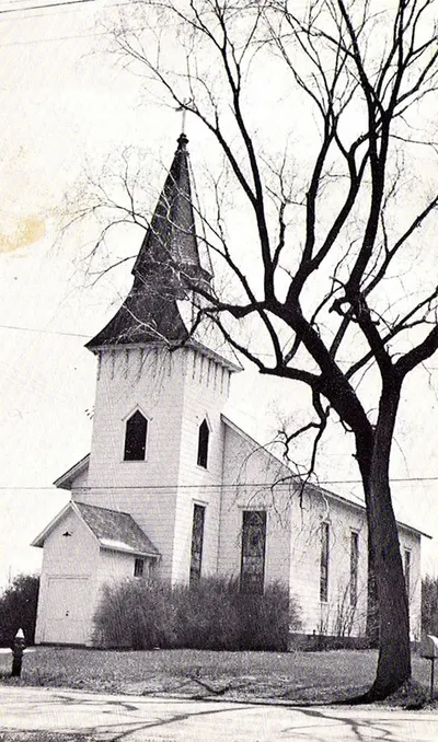 Photograph of the exterior while it was still a Catholic church. A steeple was added (now gone), and the church lengthened. Source: Seneca County Historian
