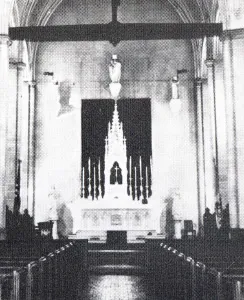 Interior of present Cathedral, 1937-1957. High altar in the image is from the former St. Patrick Cathedral. The altar was later moved to St. Francis Xavier, and resides today at Corpus Christi. Source: History of Sacred Heart Parish