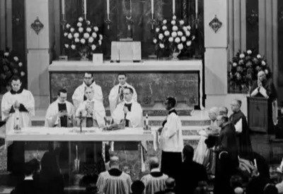Bishop Sheen offering Mass at the Cathedral. Source: Video history of Sacred Heart Cathedral