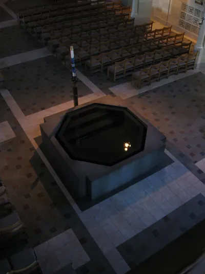 Baptismal font seen from the choir loft.