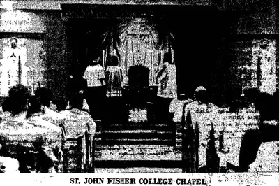 Interior of former chapel, 1952. This building was to the right of the present football stadium.
