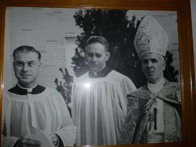+Ven. Abp. Sheen with two Mother of Sorrows priests, presumably for the dedication of the new church.