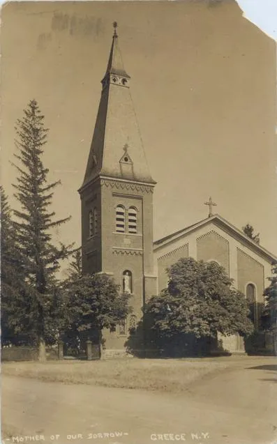 Postcard of second church. Source: Rochester Public Library local history division