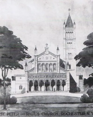 Artist rendering of present church prior to construction. Note that it was originally planned to have statues of Ss. Peter and Paul between the three stained glass windows above the main entrance. Source: Our Spirit Shows