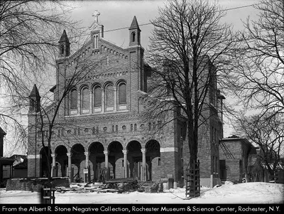 Photograph of the present church under construction. Source: Albert R. Stone negative collection