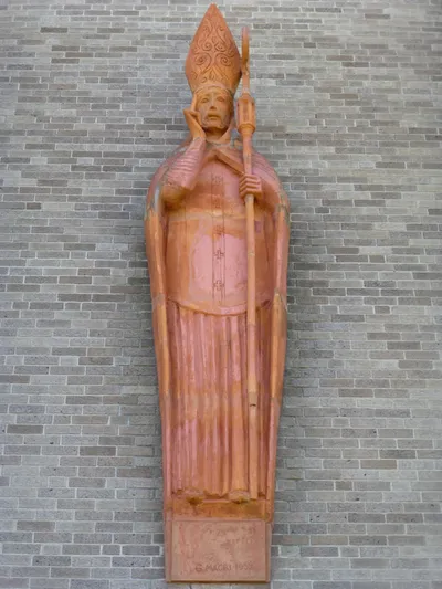 St. Ambrose statue on bell tower.