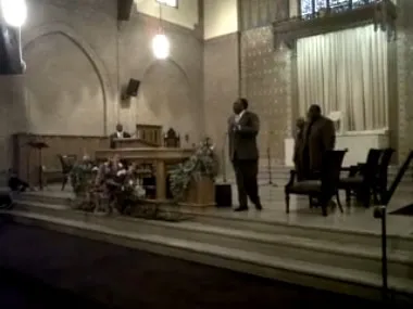 View of the sanctuary today. The church is now used by New Progressive Cathedral (G.O.G.I.C.). A pulpit has been constructed in the middle of the sanctuary steps. Source: New Progressive Cathedral Facebook page