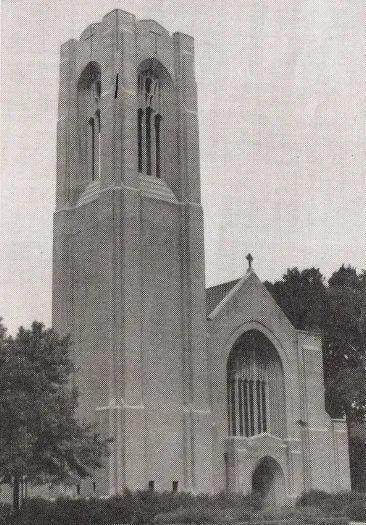 Exterior of church, 1939. Note statue of St. Augustine has not yet been installed in front of the bell tower. Source: Catholic Courier Golden Jubilee Edition: 1889-1939