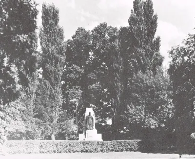 "Petter's Park" with +Bp. McQuaid statue. The statue has been relocated adjacent to the All Souls chapel at Holy Sepulchre cemetery. Source: St. Bernard's Seminary: 1893-1968