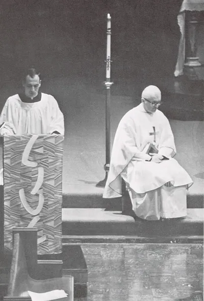 Pulpit, 1967. Note the banner. Source: St. Bernard's Seminary: 1893-1968