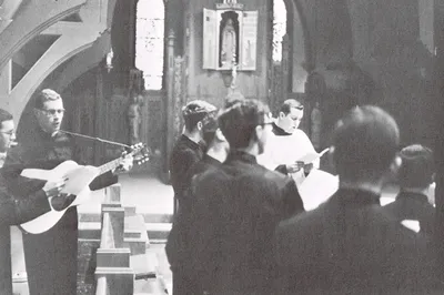 Folk Mass in the chapel, 1967. Sanctuary appears to have been remodeled. Source: St. Bernard's Seminary: 1893-1968