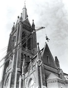 Firefighters trying to control the fire at the former St. Boniface church.