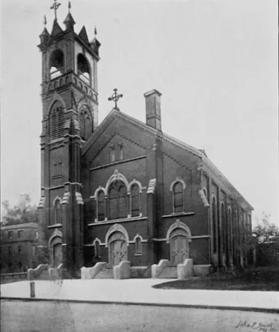 Exterior of church, 1904. Note change to bell tower from 1896 image. Source: Golden Jubilee 1854-1904 - History of St. Bridgets Parish