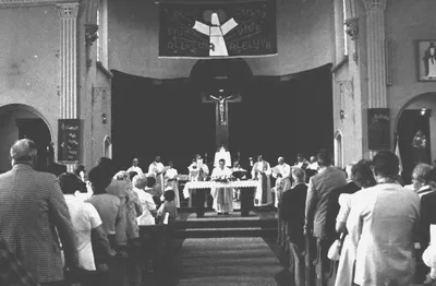 Interior of church during Mass, 1977. Source: St. Bridget's former Web site (defunct)