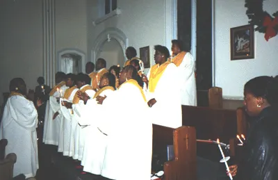 St. Bridget choir singing inside church shortly before abandoning this building, 1990s. Source: St. Bridget's former Web site (defunct)