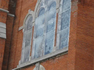 Stained glass above front entrance.