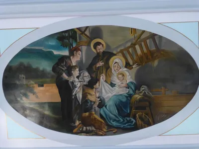 Nativity painting on ceiling.