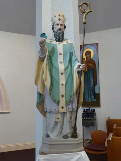 St. Patrick statue (possibly from former St. Patrick's church in Mumford).