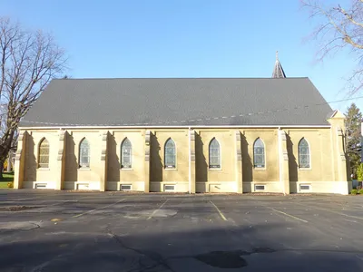 Left side seen from parking lot.