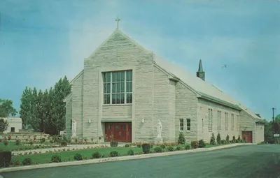 Exterior of present church, undated. Note the fountain on the left.