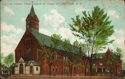 Postcard illustration of former St. Francis Xavier church/school building.