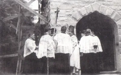 Bp. Hickey laying the cornerstone for the present-day church, 1909. Source: Parish Web site